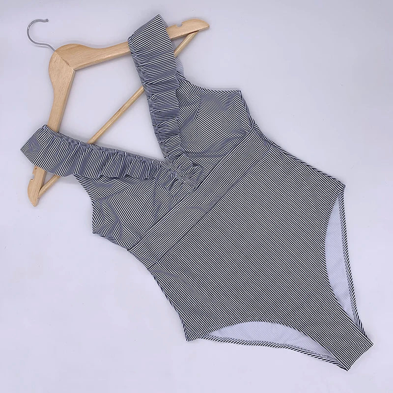 Women's Striped Ruffle One Piece Swimsuit | Vintage Print Monokini Beachwear