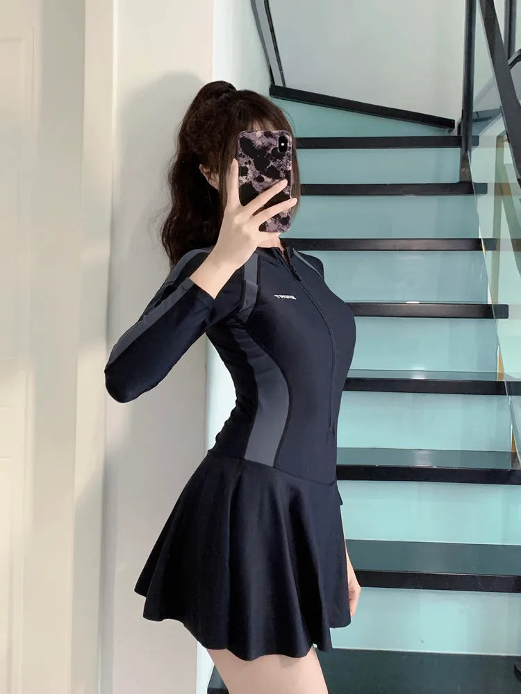 Women's Long Sleeve Swimsuit Dress | Tummy Control Conservative One-Piece Swimwear