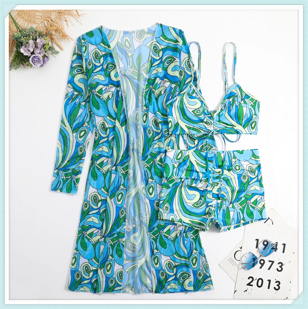 Sexy Printed 3 Piece Bikini Set - High Waist Swimsuit with Cover Up for Women