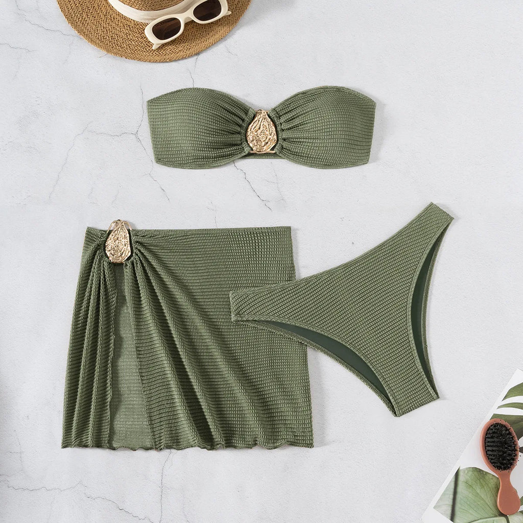 Women's 3-Piece Floral Push Up Bikini Set | Sarong Cover-Up Skirt Swimwear