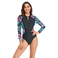 Leaves Print Rash Guard One Piece - Long Sleeve Swimwear for Women with Front Zipper