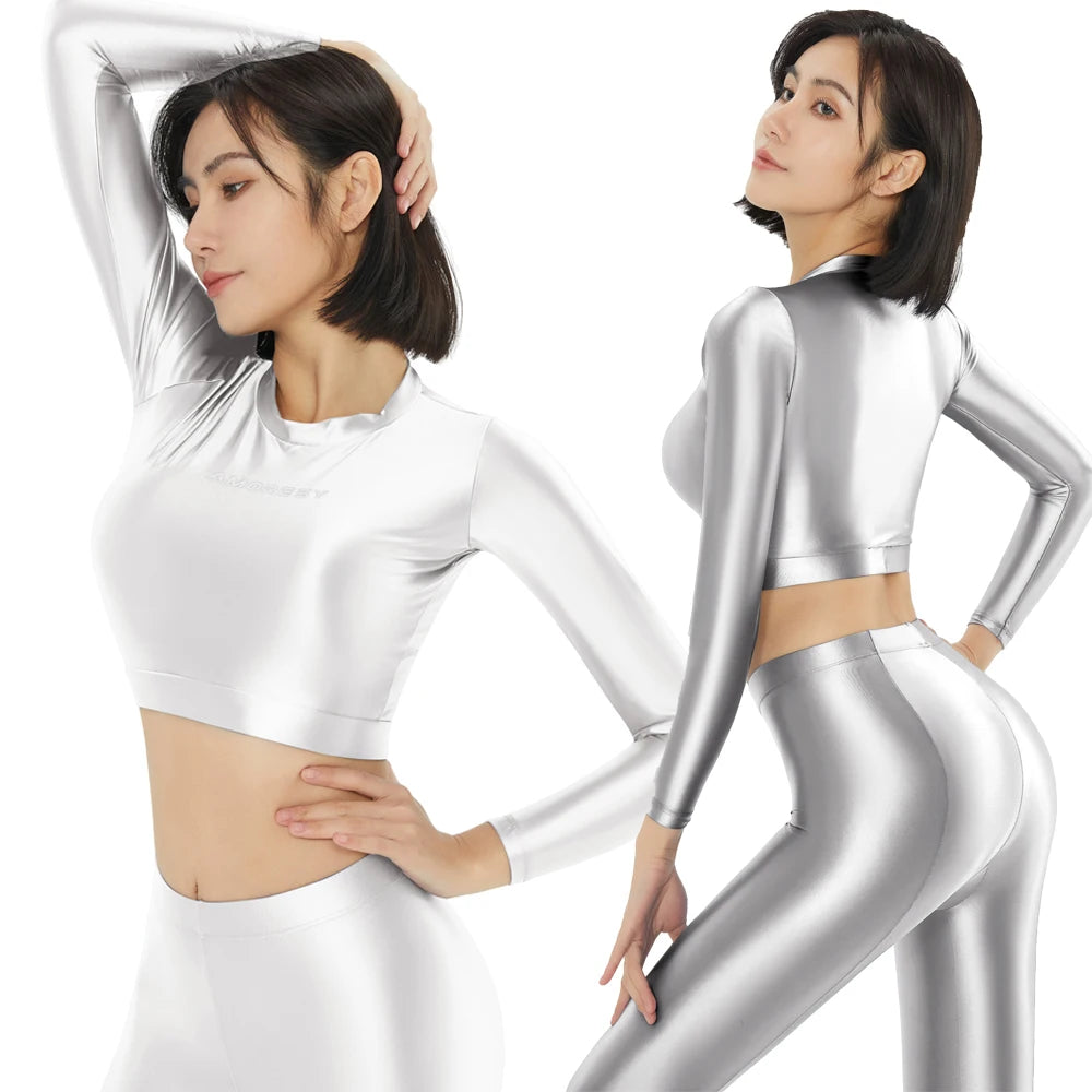 Women's Satin Long Sleeve Swim Top & Tights Set - Exposed Belly Activewear for Beach