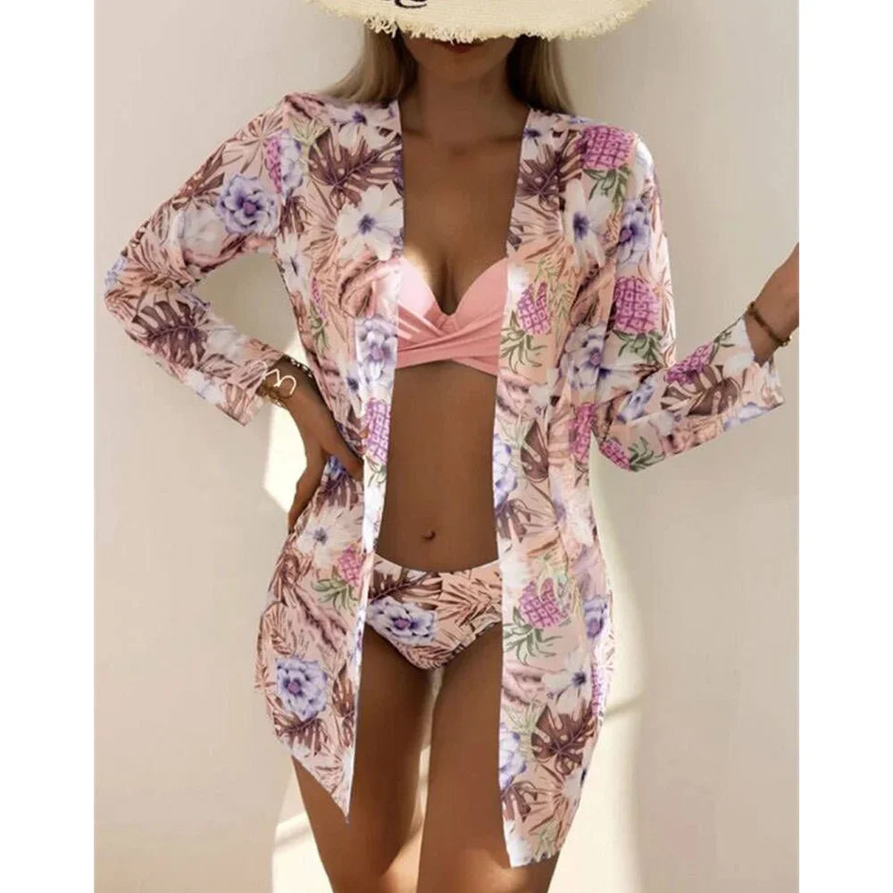 Women's Print 3 Piece Bikini Set - Push Up Twist Swimsuit with Long Sleeve Cover Up