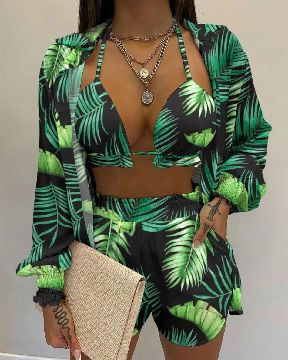 Women's 3-Piece High Waist Bikini Set | Print Swimwear with Shorts Cover Up