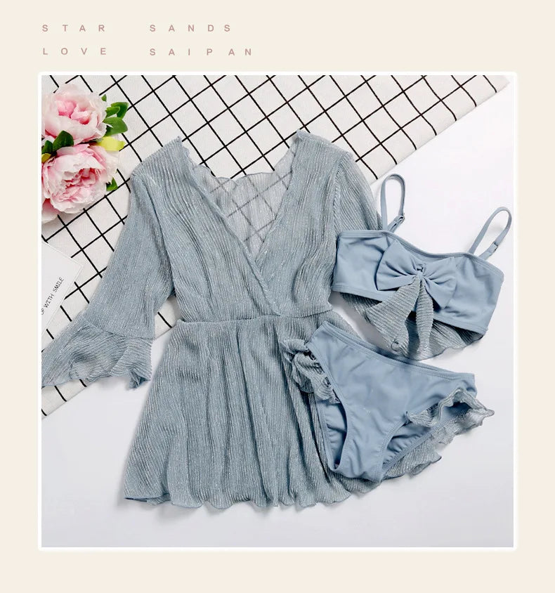 Mother-Daughter Matching Swimsuit Set | Long Sleeve Sun Protection Cover Up & Bikini 3-Piece