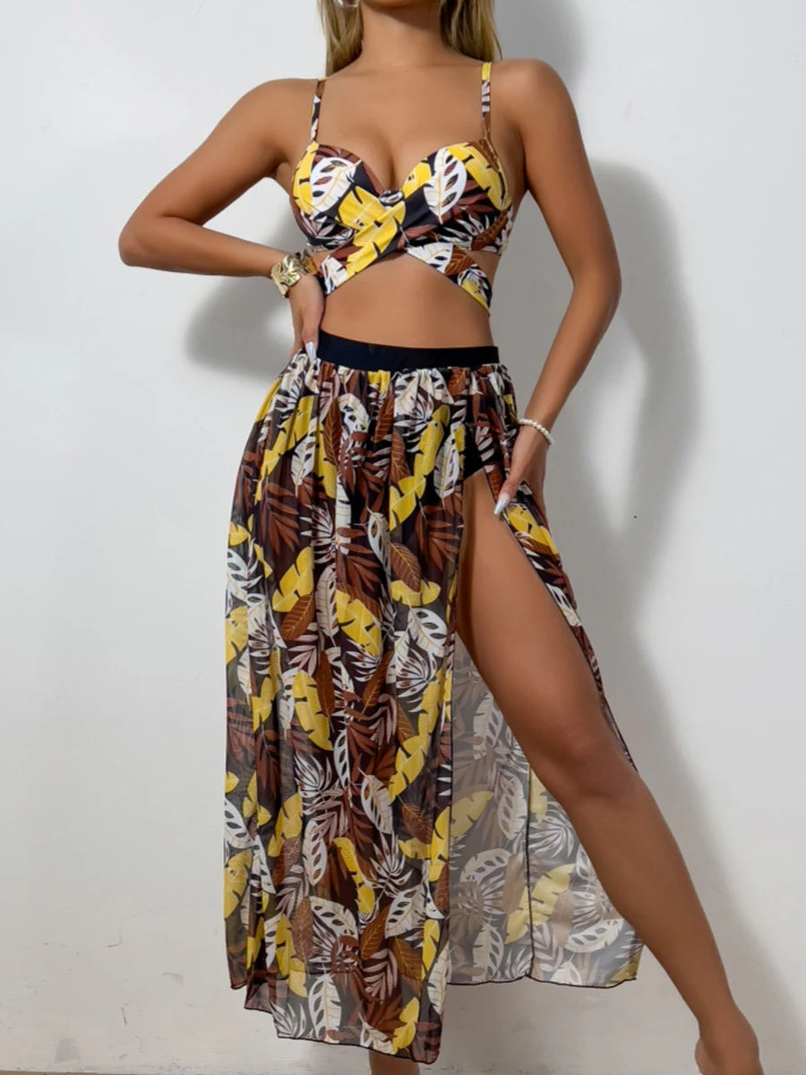 Print Cross 3 Piece Bikini with Long Skirt - Women's Vent Swimsuit for Beach