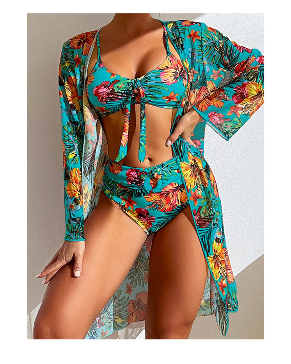 Floral Print 3 Piece Bikini Set with Mesh Blouse - Long Sleeve High Waisted Swimsuit
