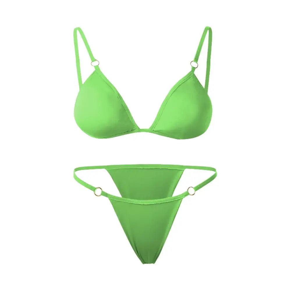 Vacation Woman Girl Solid Color Metal Buckle Sling Backless Split Swimwear Bikini Set Two Piece Swimsuit