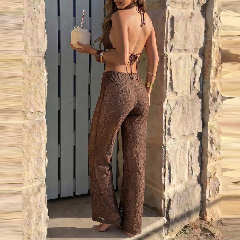 Women's 3-Piece Mesh Knitted Halter Bikini Set | Hollow Out Print with Thong Bottom