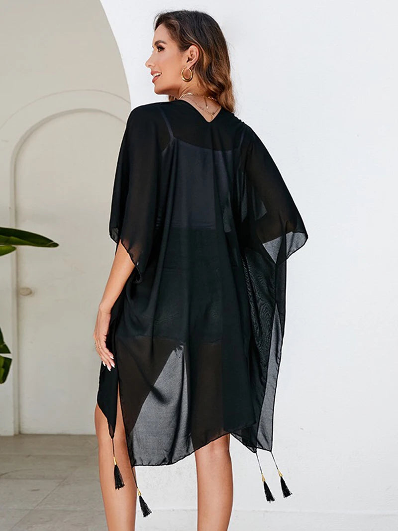Pure Color Chiffon Beach Cover Up - Women's Sun Protection Long Cardigan Cape