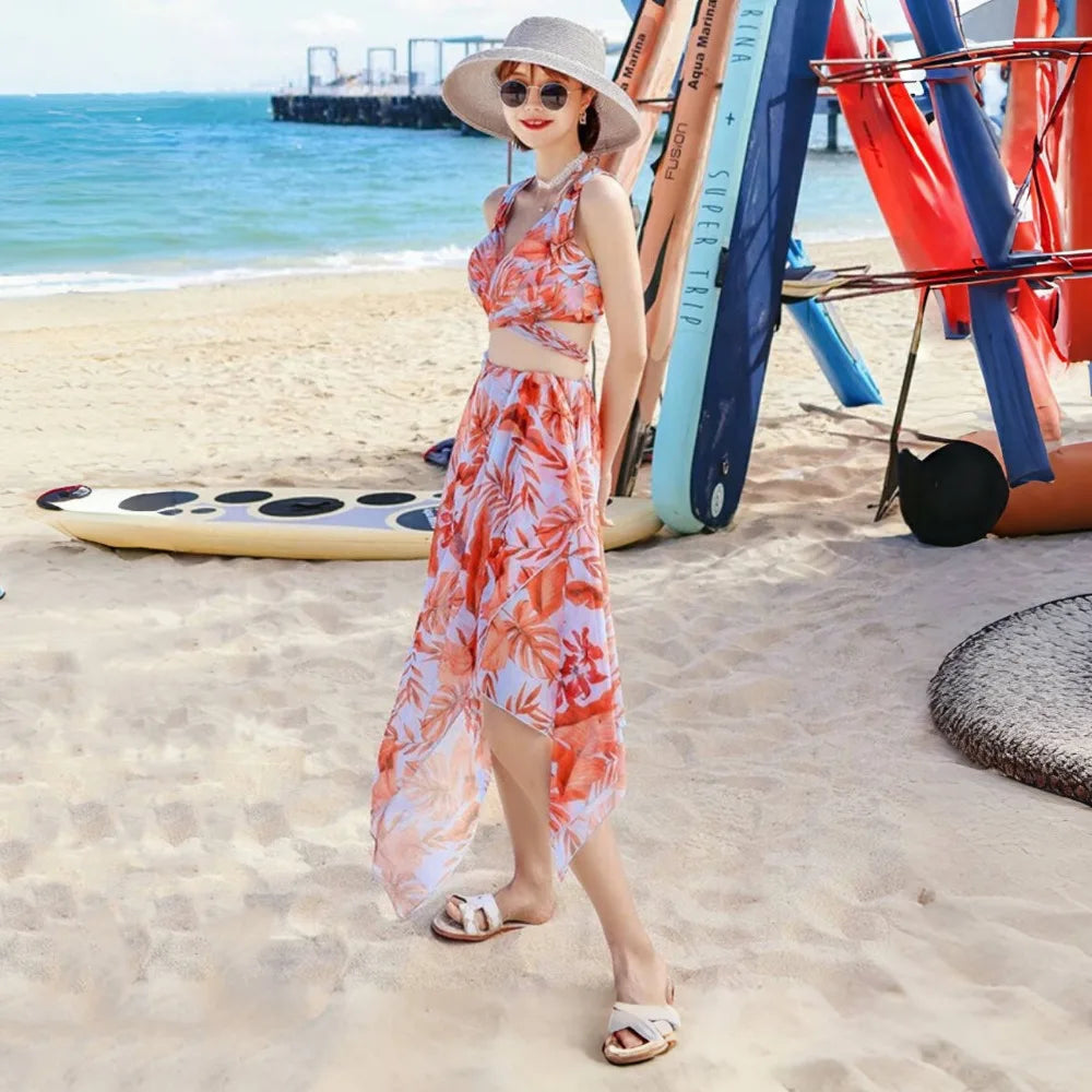 Gradient Floral 3 Piece Bikini Set - Fashion Slimming Split Style for Sun Protection