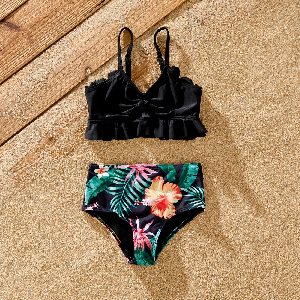 Family Matching Tropical Floral Drawstring Swim Trunks or Shell Edge Bikini