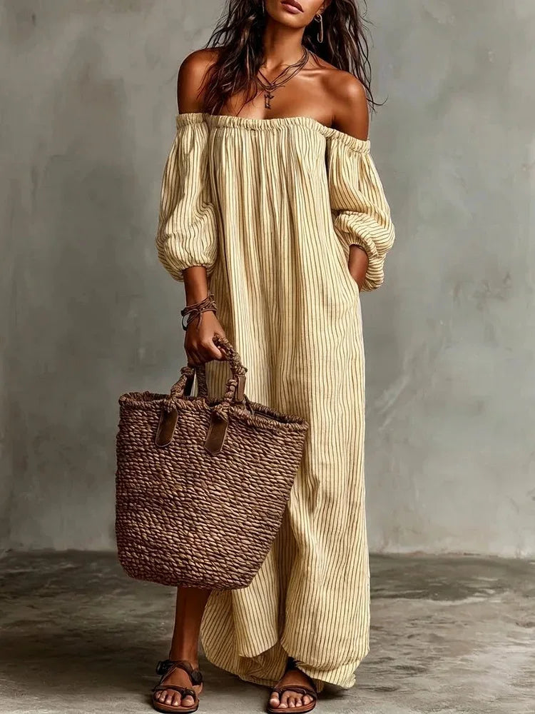 Women's Striped Patchwork Maxi Dress | Slash Neck Elegant Summer Party Wear