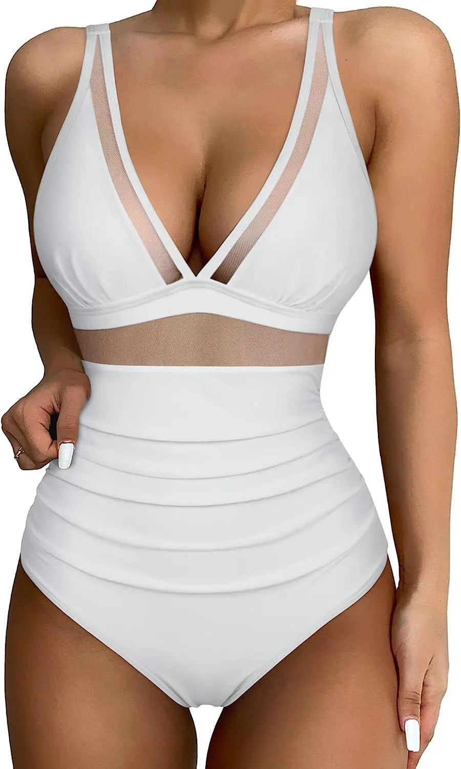 Deep V Neck One Piece Swimsuit - Removable Bra Plain Monokini for Women