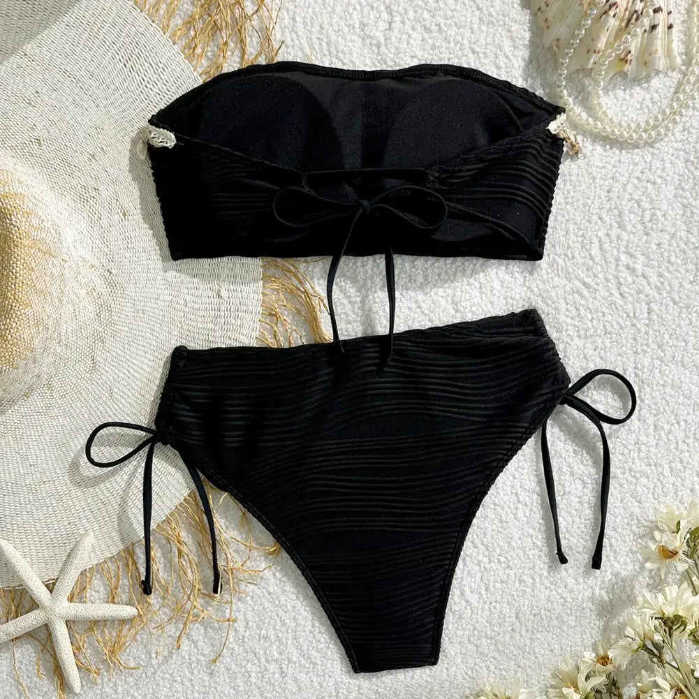 Women's Solid Tube Top Bikini Set | High Waist Swimsuit with Shell Decor