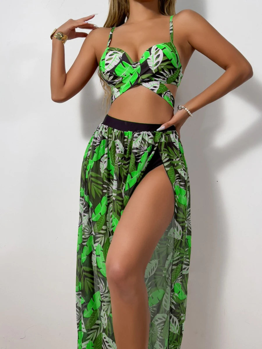 Print Cross 3 Piece Bikini with Long Skirt - Women's Vent Swimsuit for Beach