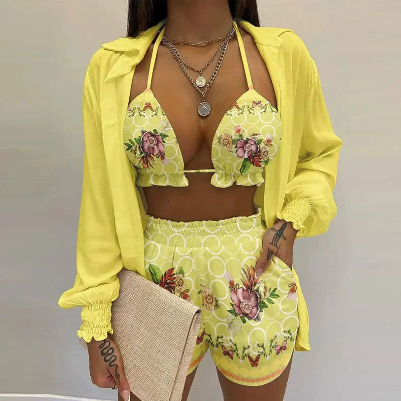 Women's 3-Piece High Waist Bikini Set | Print Swimwear with Shorts Cover Up