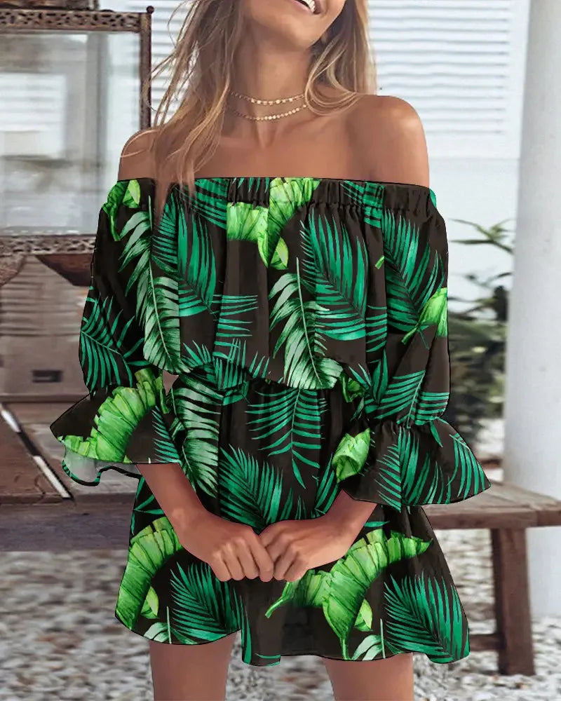 Women's Off Shoulder Ruffle Mini Dress | Puff Sleeves with Floral Print for Summer Beach