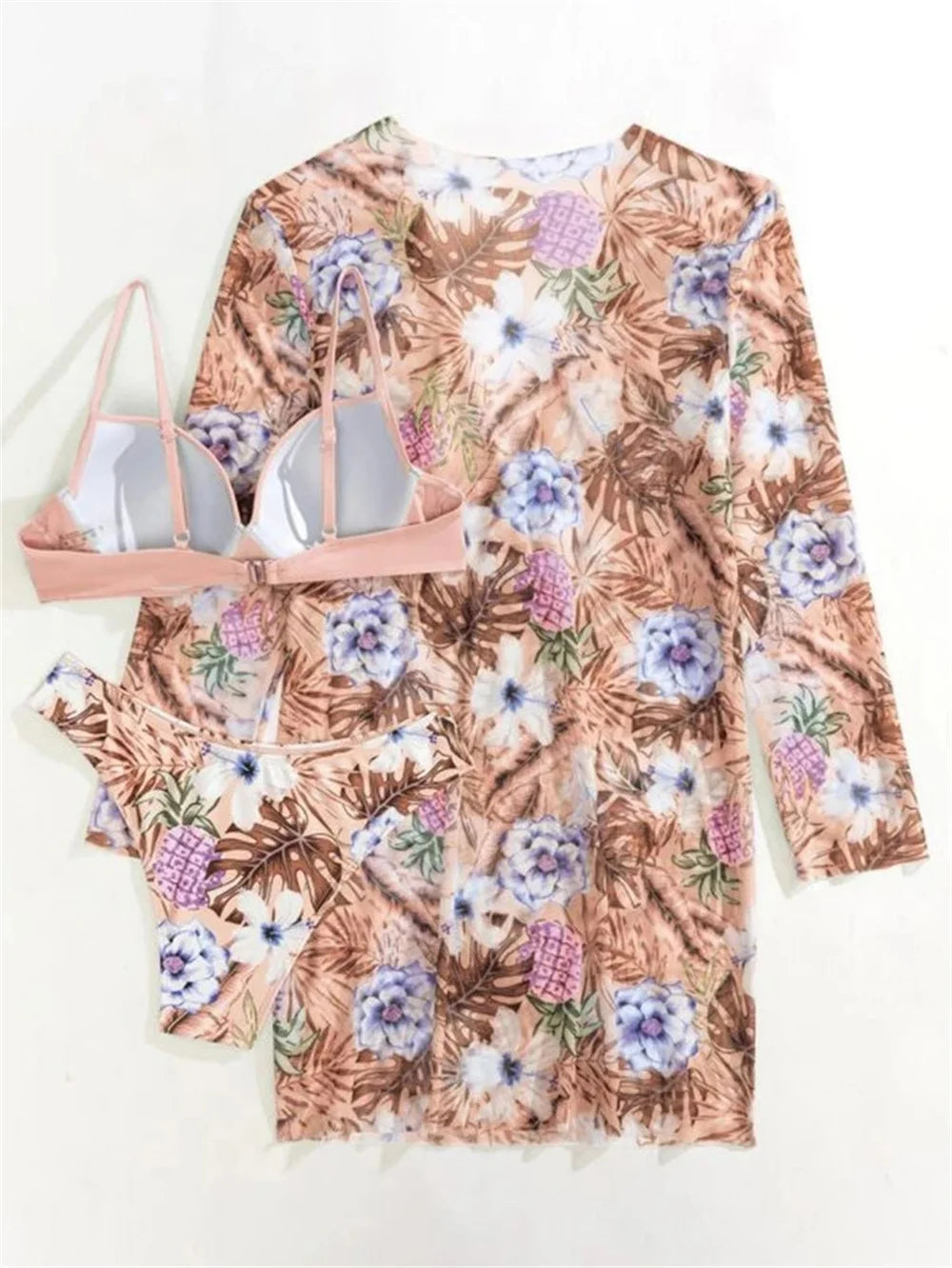 Women's Print 3 Piece Bikini Set - Push Up Twist Swimsuit with Long Sleeve Cover Up