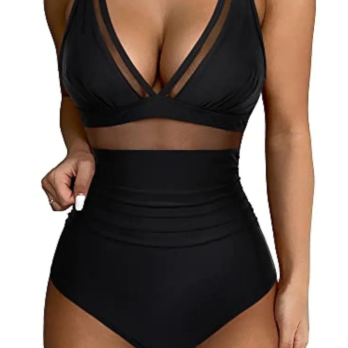 Deep V Neck One Piece Swimsuit - Removable Bra Plain Monokini for Women