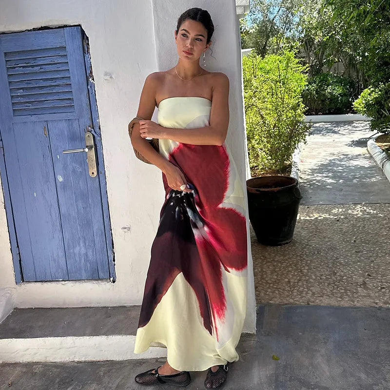 Yellow Floral Maxi Dress - Sexy Strapless & Backless with Belt | Vacation Party Beachwear
