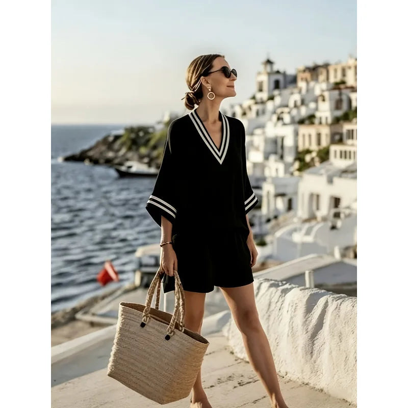 Women's Bohemian Striped V-Neck Shorts Set | Casual Beach Vacation Two Piece Outfit