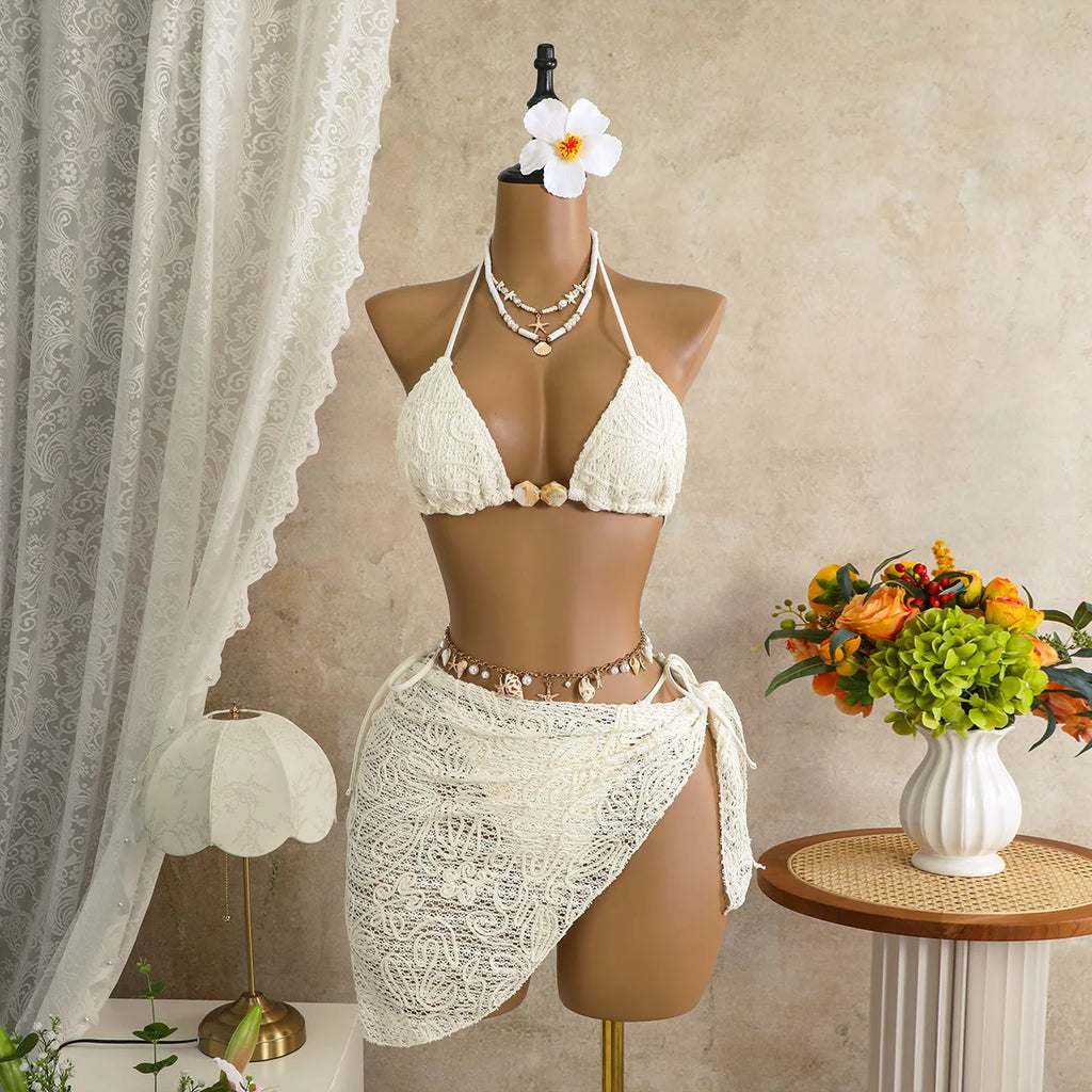 Women's 3-Piece Floral Embroidered Bikini Set | Halter Top with Shell Mesh Sarong Cover Up