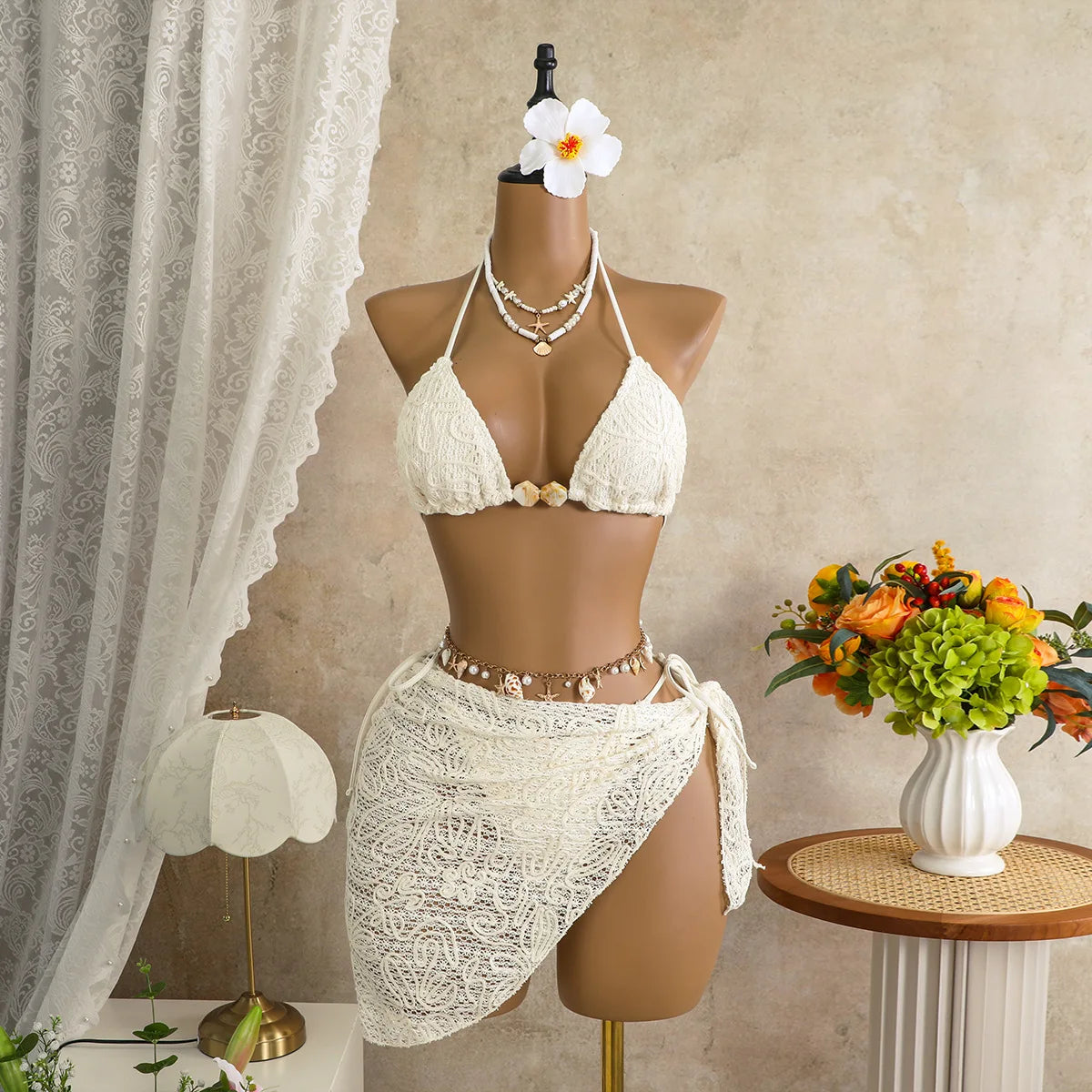 Women's 3-Piece Floral Embroidered Bikini Set | Halter Top with Shell Mesh Sarong Cover Up