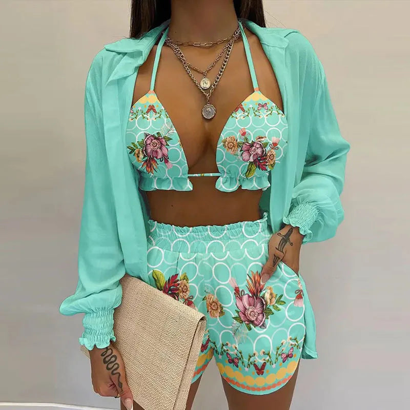Women's 3-Piece High Waist Bikini Set | Print Swimwear with Shorts Cover Up