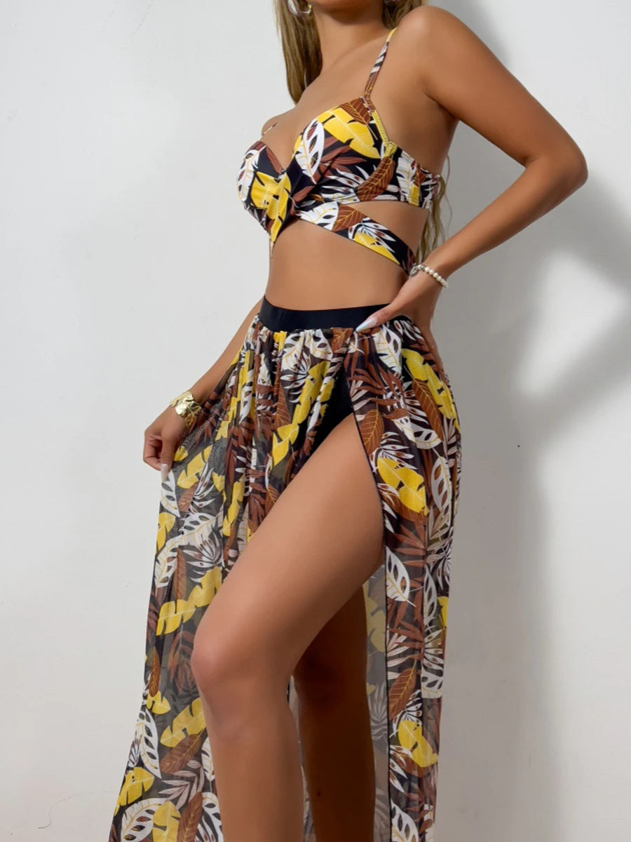 Print Cross 3 Piece Bikini with Long Skirt - Women's Vent Swimsuit for Beach
