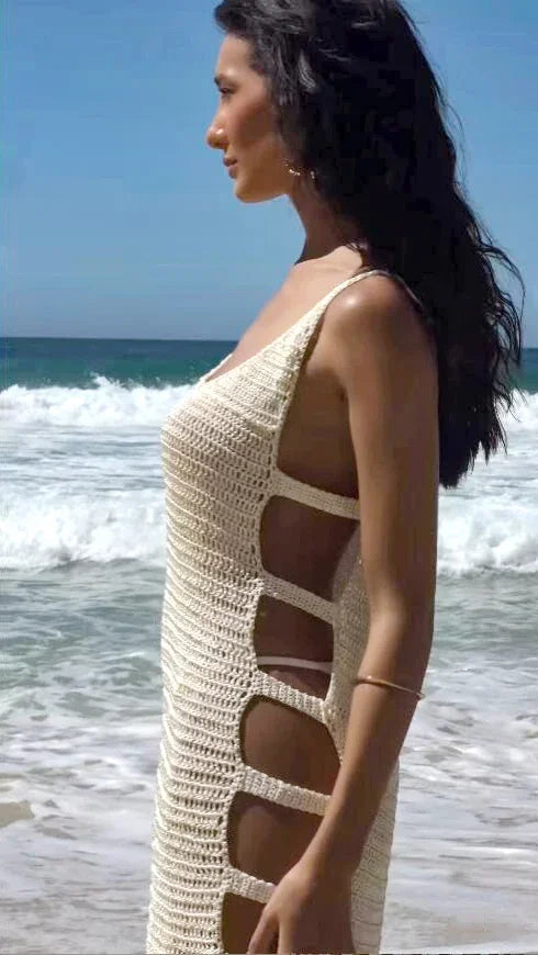 Sexy U Neck Mini Dress - Sleeveless Knit with Horizontal Stripes & Side Cut Outs | Beach Vacation