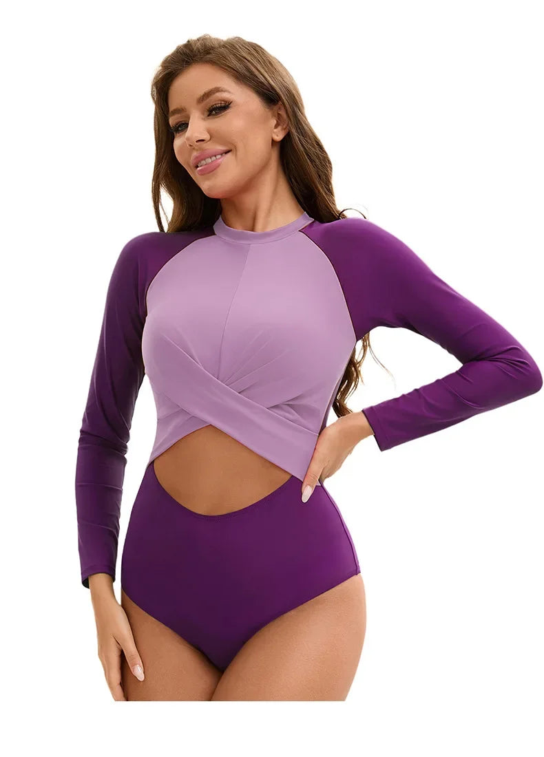Women's Sporty Color Block Swimsuit Set | Long Sleeve & High Waist Surf Swimwear