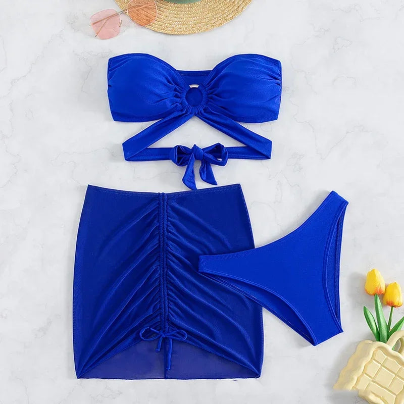 Sexy Blue 3 Piece Bandeau Bikini Set - with Mesh Cover Up for a Brazilian Beach Look