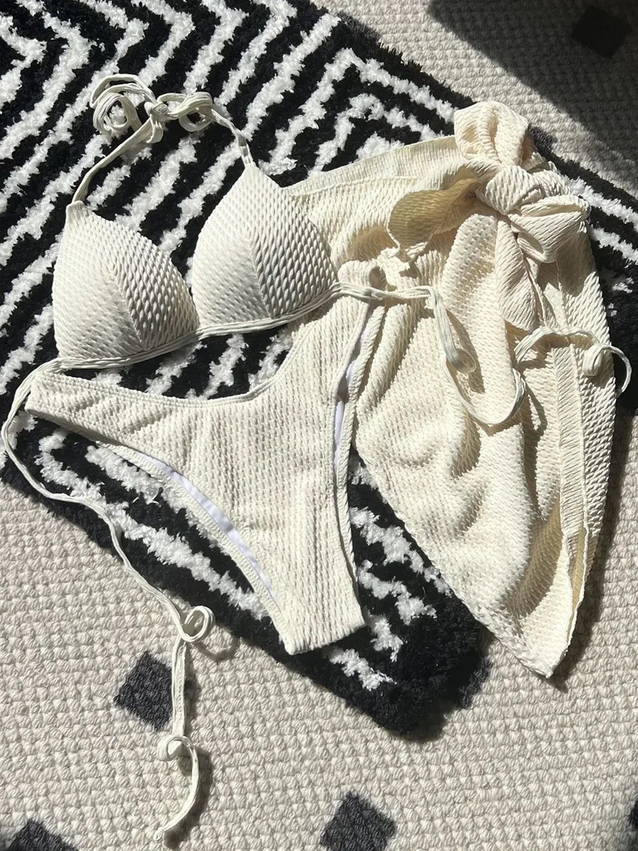 Women's 3-Piece Wrinkled Bikini Set | Push Up Swimwear with Beach Sarong