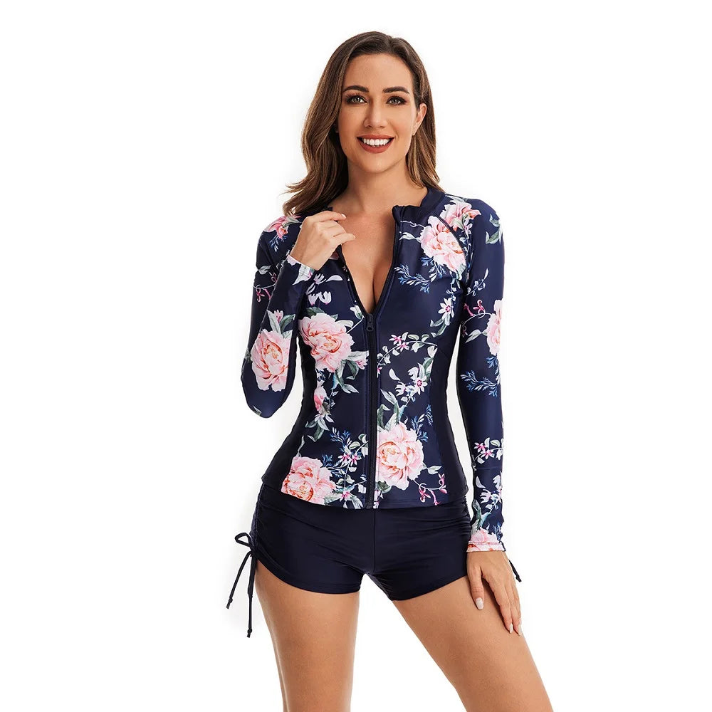 Women's 2 Piece Print Swimsuit Set - Long Sleeve Top with Shorts for Surfing & Beach