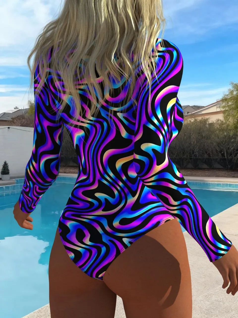 Women's Long Sleeve Print Rash Guard Swimsuit | Front Zipper Surf Suit Up to XXL