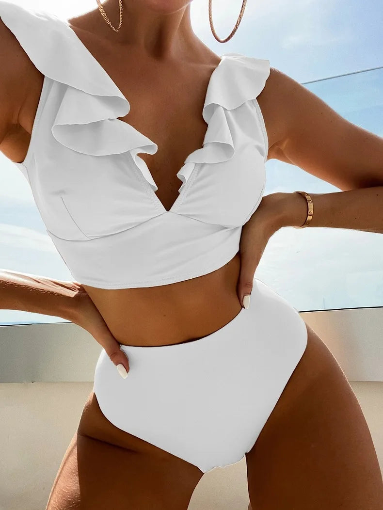 Women's High Waist Ruffle Bikini Set | V-Neck Push Up Two Piece Swimsuit