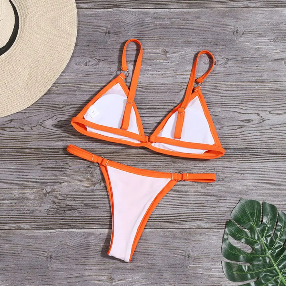 Vacation Woman Girl Solid Color Metal Buckle Sling Backless Split Swimwear Bikini Set Two Piece Swimsuit