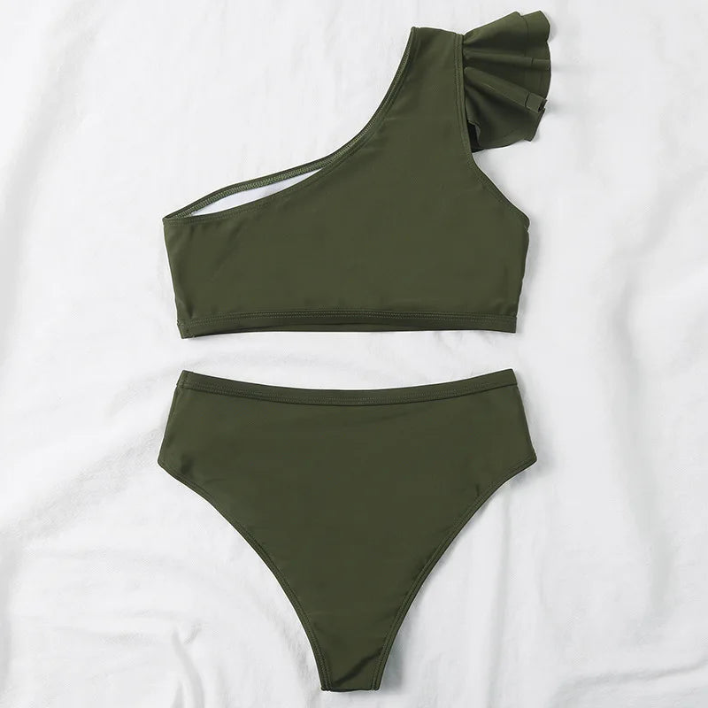 One Shoulder Ruffle Bikini Set - Solid High Waist Padded Swimwear for Women | 2025