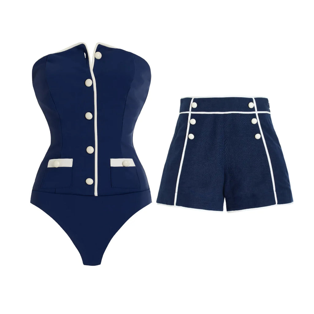 Women's Strapless One-Piece Swimsuit Set | With Shorts Two-Piece Beachwear