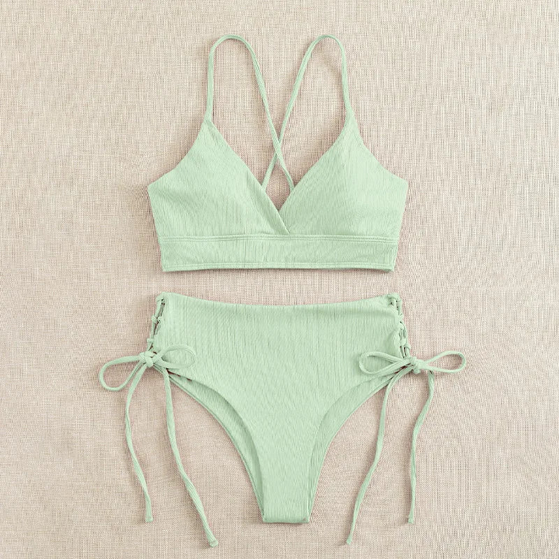 CIKINI Women's V-Neck Lace Up Bikini Set | Solid Color Triangle Swimwear