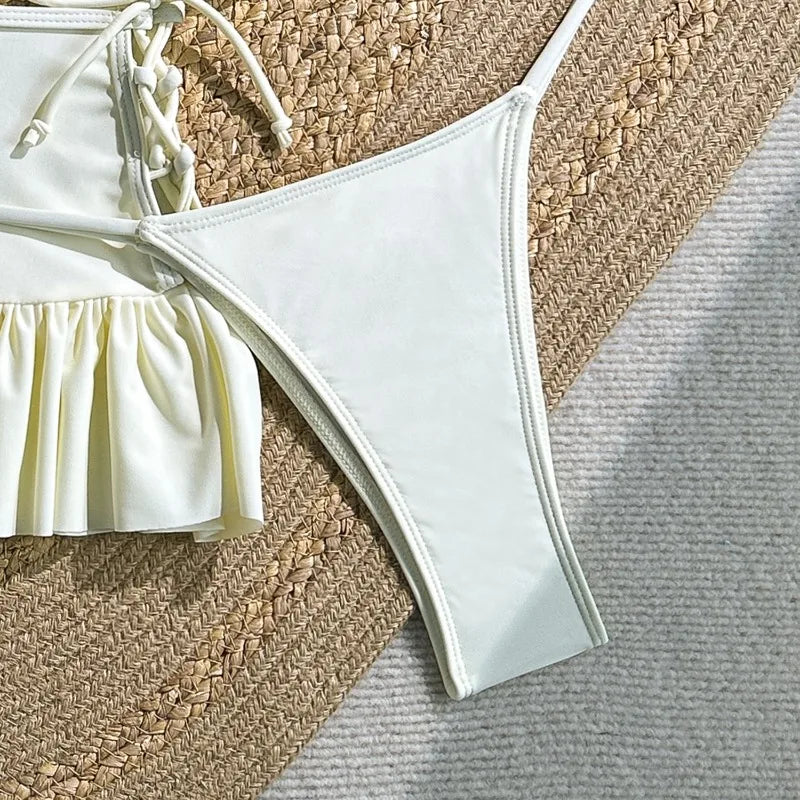 Women's 3-Piece 3D Flower Triangle Bikini Set | Thong Bottom with Cover Up Skirt