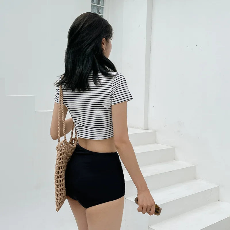 Women's Black and White Striped Bikini Set | High Waist Slimming Swimwear with Strapless Top