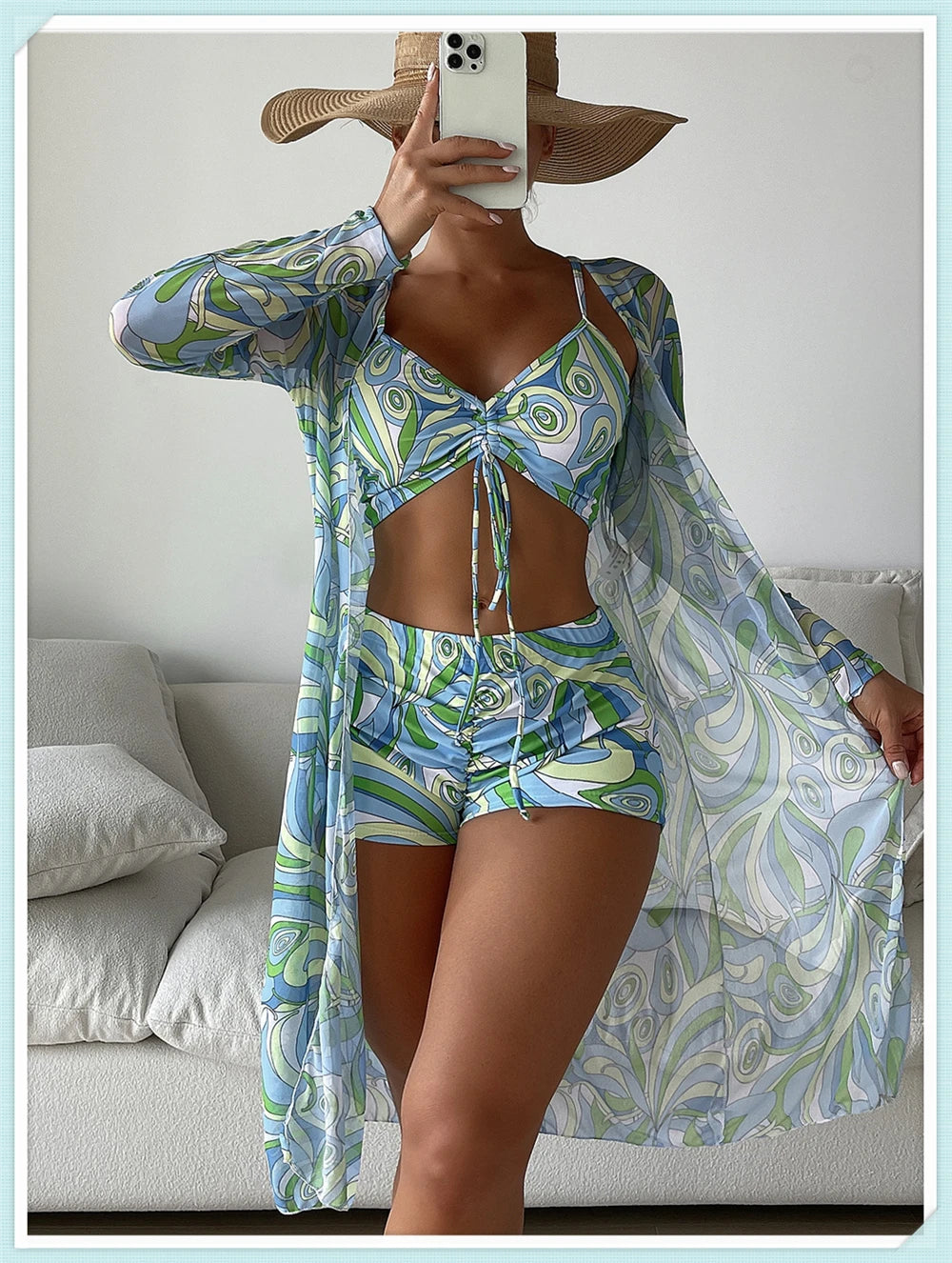 Sexy Printed 3 Piece Bikini Set - High Waist Swimsuit with Cover Up for Women