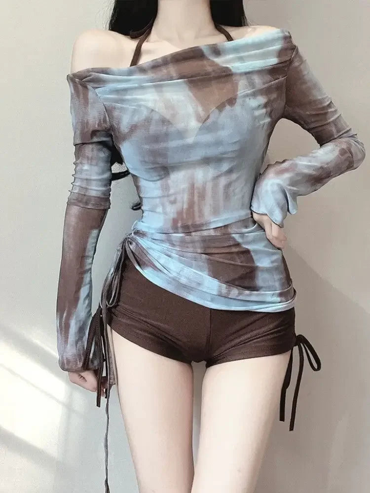 Tie Dye 3 Piece Bikini Set - Mesh Long Sleeve Off Shoulder Swimsuit for Beach