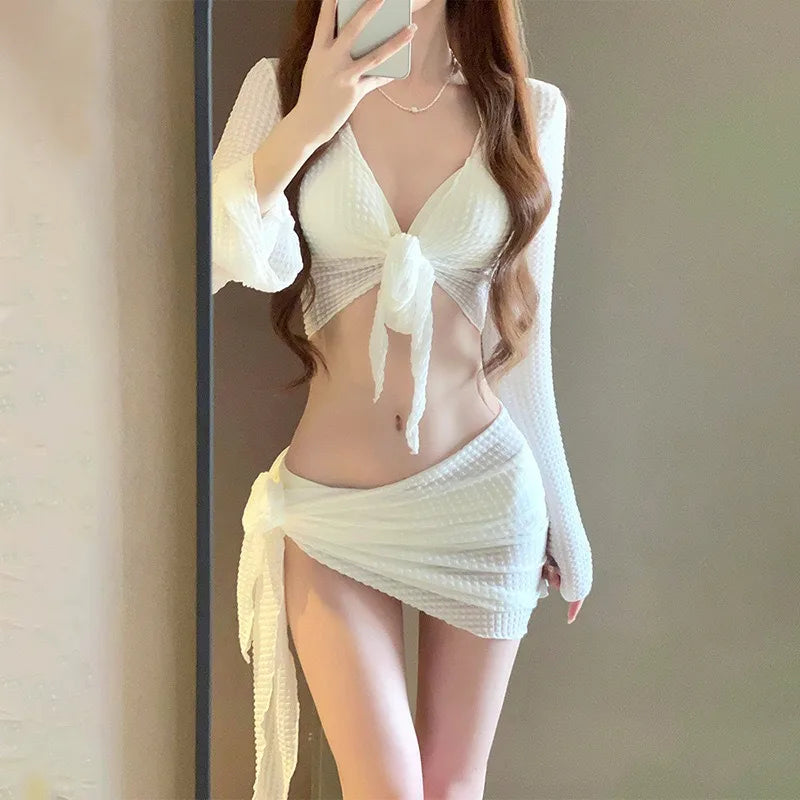 Women's 4-Piece Bikini Set | Waffle Knit Mesh Cover Up & Wrap Skirt for Beach