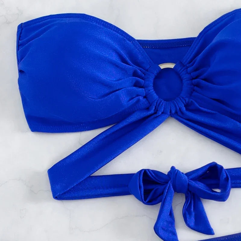 Sexy Blue 3 Piece Bandeau Bikini Set - with Mesh Cover Up for a Brazilian Beach Look