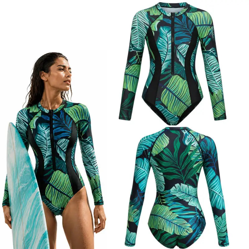 Women's Long Sleeve Tropical Print One Piece Swimsuit | Front Zipper Surf Suit with UV Protection