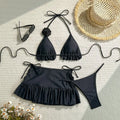 Women's 3-Piece 3D Flower Triangle Bikini Set | Thong Bottom with Cover Up Skirt
