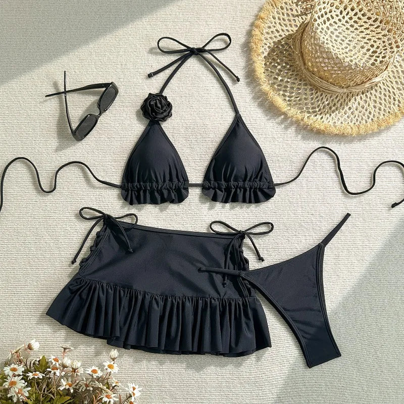 Women's 3-Piece 3D Flower Triangle Bikini Set | Thong Bottom with Cover Up Skirt